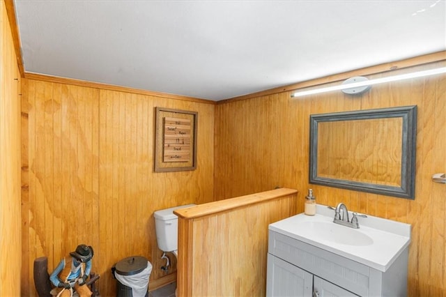 bathroom featuring toilet, wooden walls, and vanity
