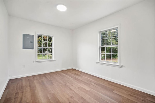 spare room with a healthy amount of sunlight, light hardwood / wood-style floors, and electric panel