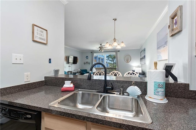 kitchen featuring crown molding, decorative light fixtures, sink, dishwasher, and ceiling fan with notable chandelier