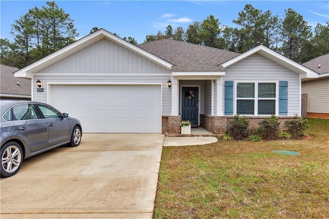 10804 Burlington Way N, Mobile, AL 36608 - ranch-style home with brick siding, a shingled roof, concrete driveway, a front yard, and a garage