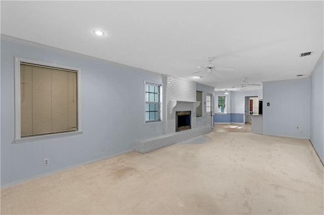 720 Grand Bay-Wilmer Rd N, Mobile, AL 36608 - unfurnished living room with a brick fireplace, ceiling fan, baseboards, carpet, and recessed lighting