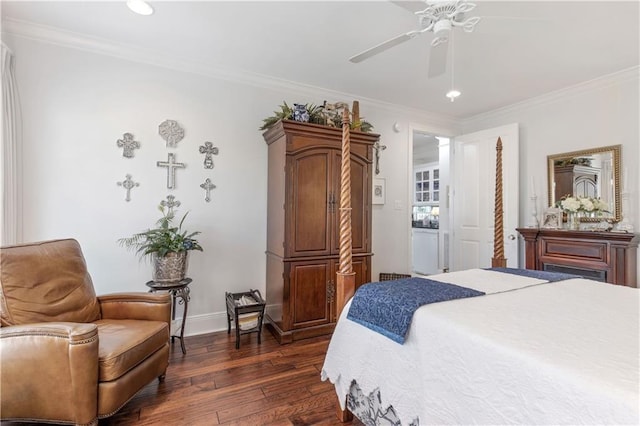bedroom featuring baseboards, ceiling fan, ornamental molding, and dark wood-style flooring