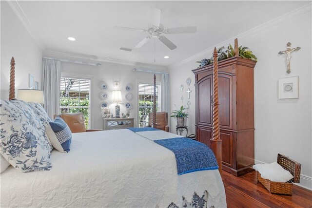 bedroom featuring crown molding, wood finished floors, recessed lighting, and a ceiling fan
