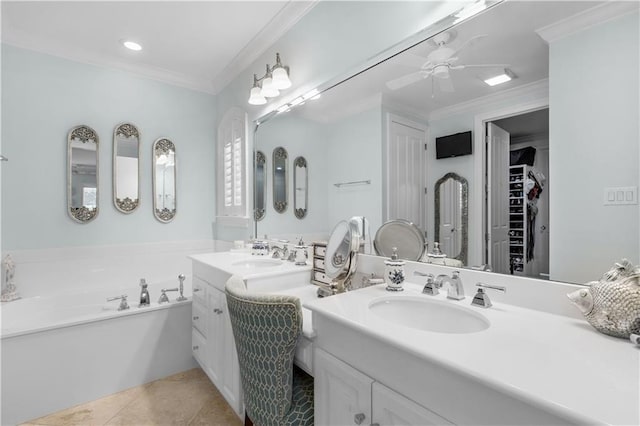 bathroom with a bath, crown molding, vanity, a ceiling fan, and tile patterned flooring