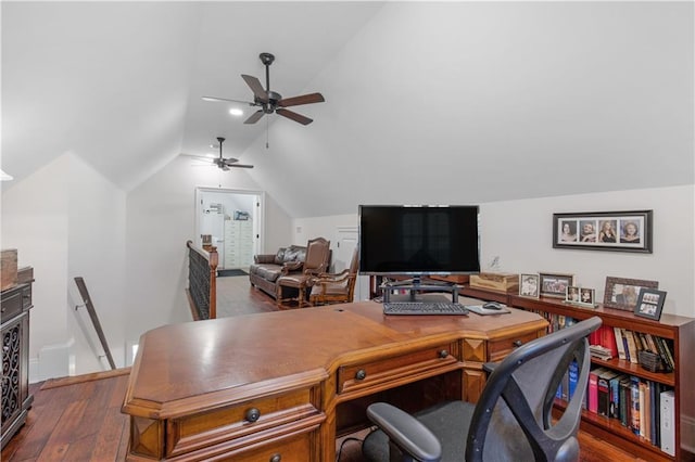 home office with lofted ceiling, wood finished floors, and ceiling fan
