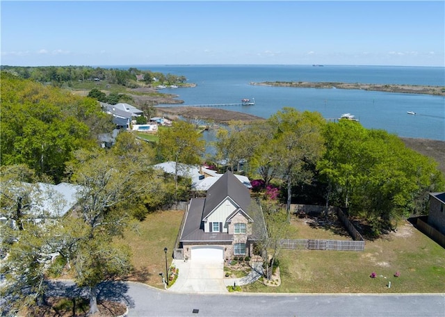 drone / aerial view featuring a water view