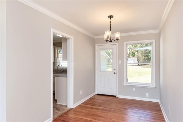 entryway with wood finished floors, a sink, baseboards, and an inviting chandelier