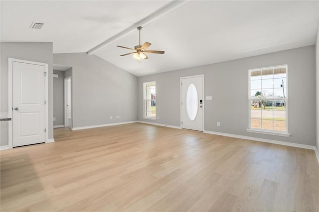 unfurnished living room featuring vaulted ceiling with beams, baseboards, visible vents, and light wood finished floors