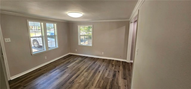 empty room featuring ornamental molding and dark hardwood / wood-style floors