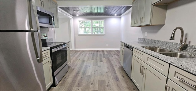 kitchen with light stone counters, sink, light wood-type flooring, wood ceiling, and stainless steel appliances