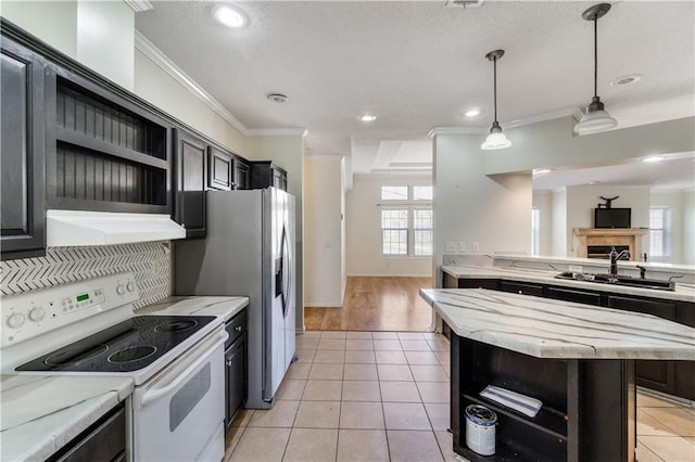 kitchen with white electric range oven, light tile patterned floors, extractor fan, and open shelves