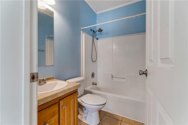 full bath featuring toilet, ornamental molding, vanity, shower / tub combination, and tile patterned floors