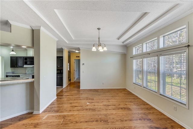 unfurnished dining area with light wood-style floors, a raised ceiling, a notable chandelier, and baseboards