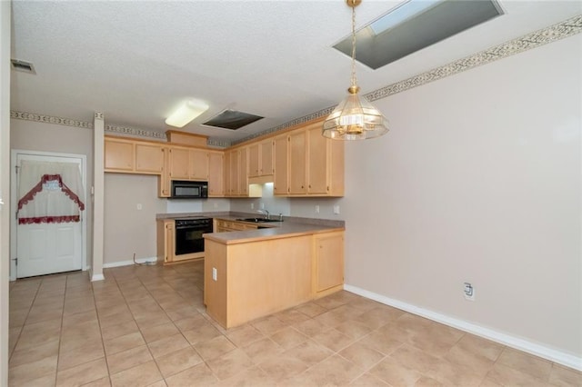 kitchen with light brown cabinetry, decorative light fixtures, sink, oven, and kitchen peninsula