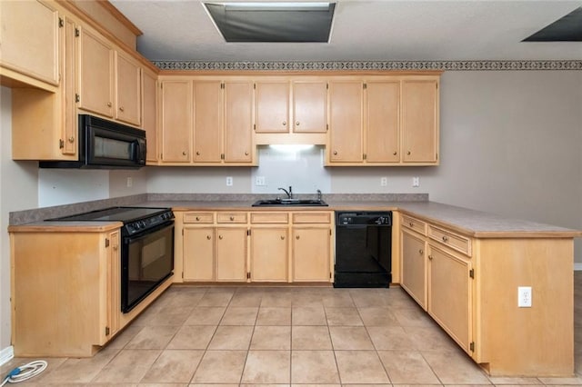 kitchen featuring sink, black appliances, kitchen peninsula, and light brown cabinets