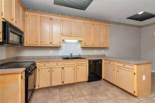 kitchen with light brown cabinetry, sink, black appliances, and kitchen peninsula