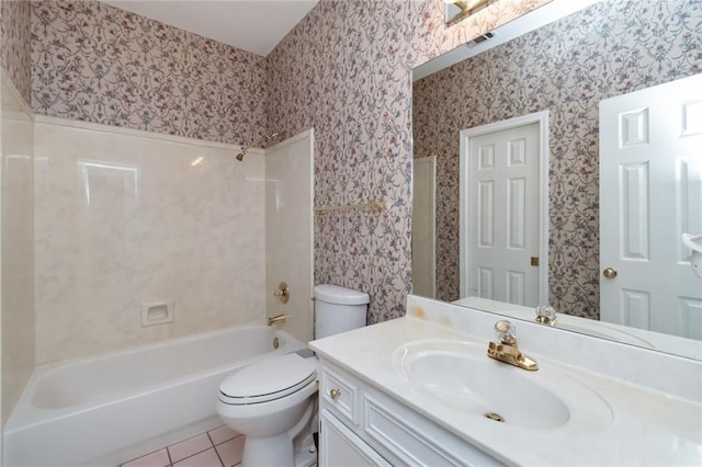 full bathroom with toilet, tile patterned floors, bathtub / shower combination, and vanity