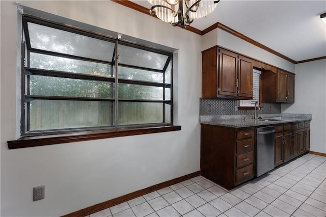 kitchen featuring a sink, a healthy amount of sunlight, ornamental molding, and stainless steel dishwasher