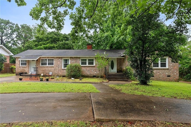409 Byron Ave E, Mobile, AL 36609 - ranch-style house featuring crawl space, brick siding, a front lawn, and a chimney
