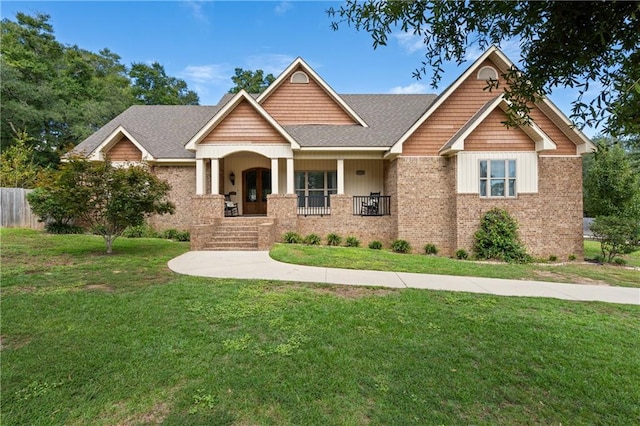 craftsman house with a porch and a front lawn