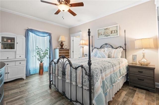 bedroom featuring ornamental molding, dark hardwood / wood-style flooring, and ceiling fan