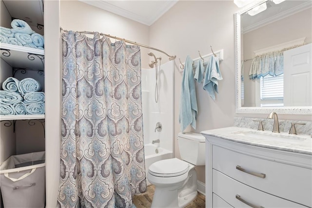 full bathroom featuring ornamental molding, vanity, toilet, and shower / bathtub combination with curtain