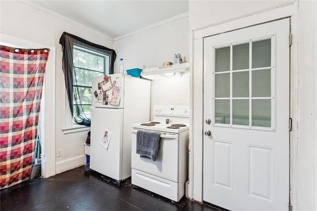 kitchen featuring ornamental molding, ventilation hood, and white appliances