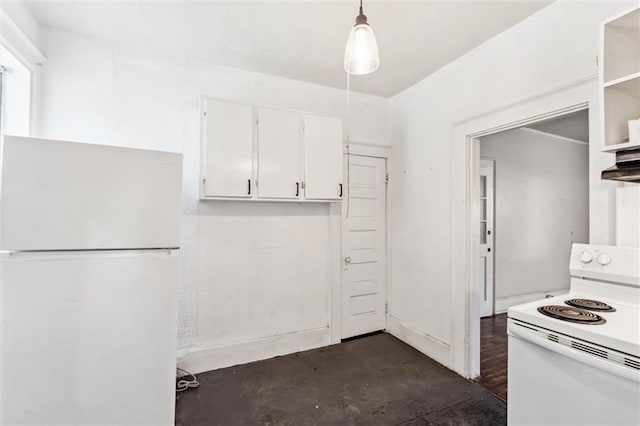 kitchen with white cabinetry, decorative light fixtures, ventilation hood, and white appliances