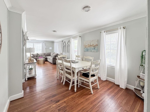 dining room featuring crown molding, wood finished floors, and a healthy amount of sunlight
