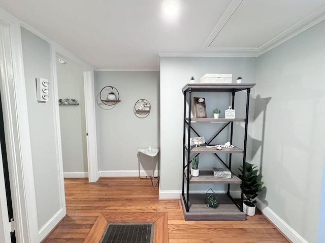 interior space with attic access, baseboards, light wood-type flooring, and ornamental molding
