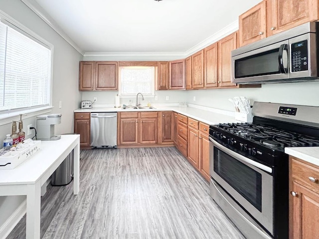 kitchen with light countertops, a sink, light wood finished floors, stainless steel appliances, and ornamental molding