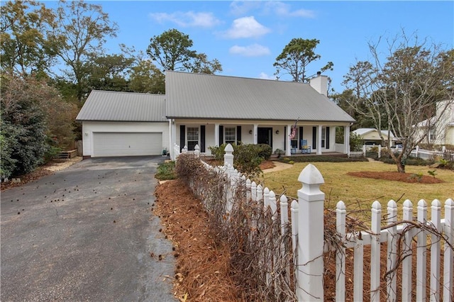 cape cod-style house with a garage, covered porch, fence, and metal roof