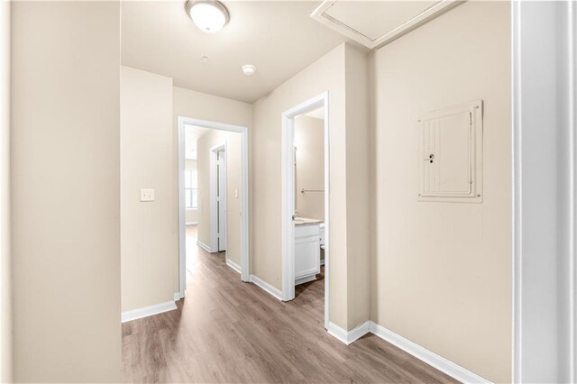 hall with hardwood / wood-style floors and electric panel