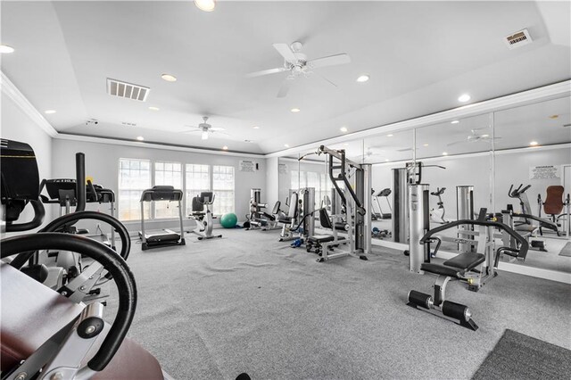 gym with ceiling fan, carpet, and crown molding