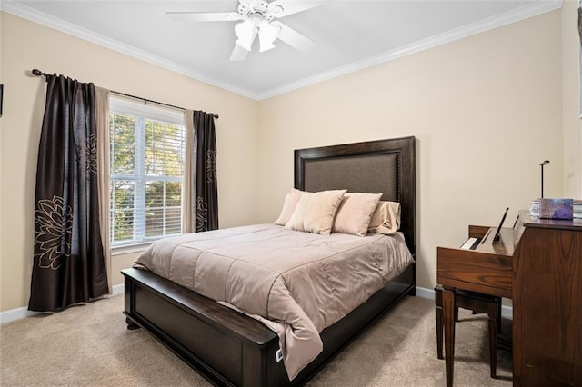 carpeted bedroom featuring multiple windows, ceiling fan, and crown molding