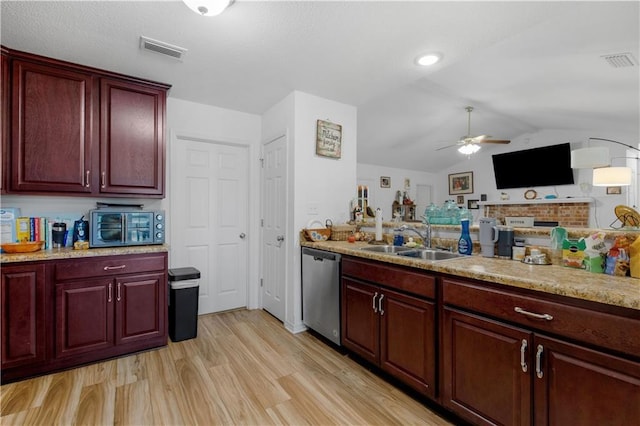 kitchen featuring a sink, visible vents, dark brown cabinets, and dishwasher