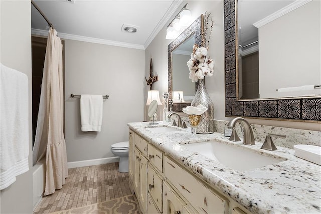 full bathroom with shower / tub combo, vanity, toilet, and ornamental molding