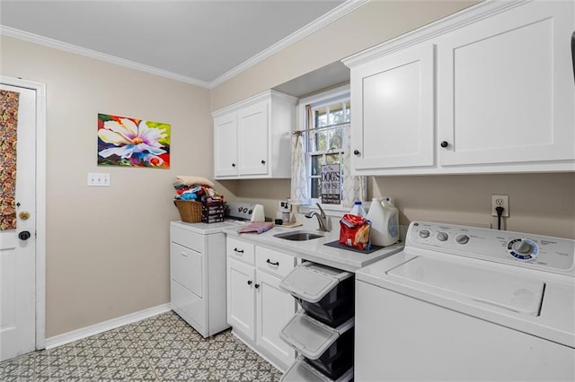 washroom featuring independent washer and dryer, sink, cabinets, and ornamental molding