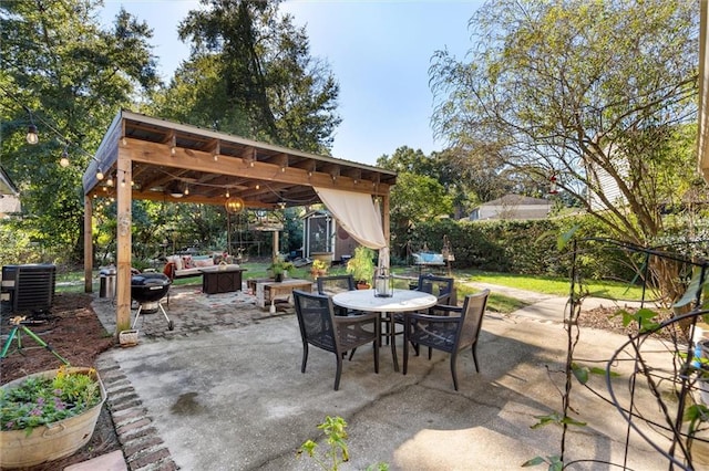 view of patio / terrace featuring an outdoor hangout area, cooling unit, and a pergola