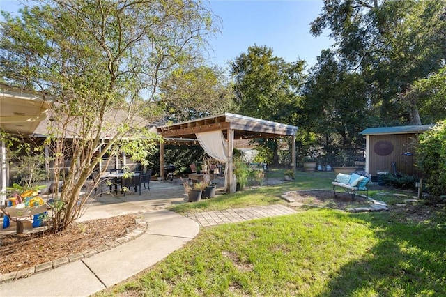 view of yard featuring a shed and a patio