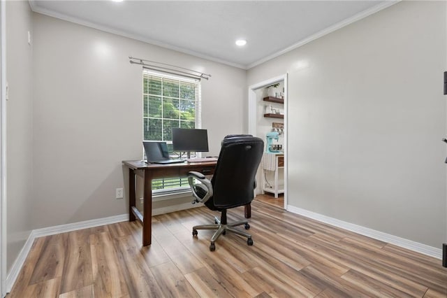 3420 Floyd Cir E, Semmes, AL 36575 - office with light wood finished floors, ornamental molding, and recessed lighting