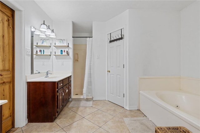 3420 Floyd Cir E, Semmes, AL 36575 - bathroom with vanity, tile patterned floors, a jetted tub, and a shower with curtain