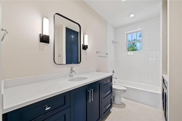 bathroom featuring toilet, vanity, shower / washtub combination, tile patterned flooring, and recessed lighting