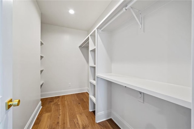walk in closet with wood finished floors