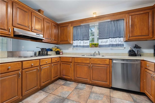 kitchen with light tile patterned flooring, dishwasher, gas stovetop, and sink