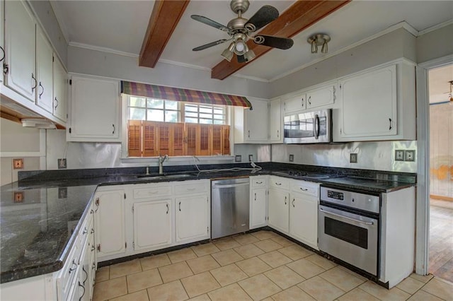 kitchen featuring white cabinets, ceiling fan, and appliances with stainless steel finishes