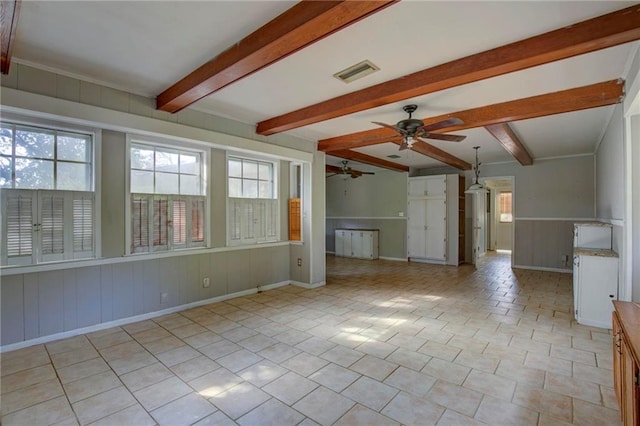 unfurnished living room featuring beam ceiling and ceiling fan