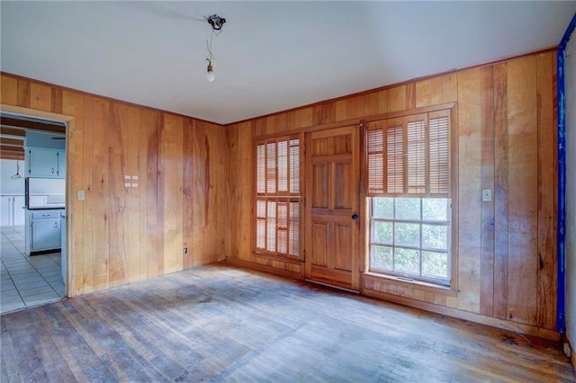 foyer entrance featuring wooden walls