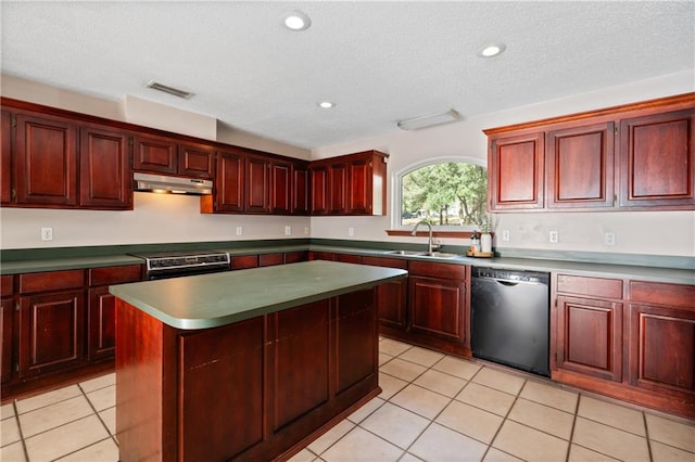 kitchen with a center island, stainless steel electric stove, sink, light tile patterned floors, and black dishwasher