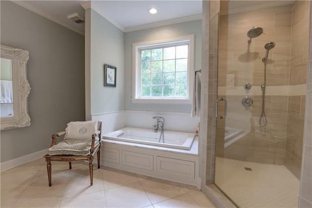 bathroom featuring tile floors, crown molding, and plus walk in shower